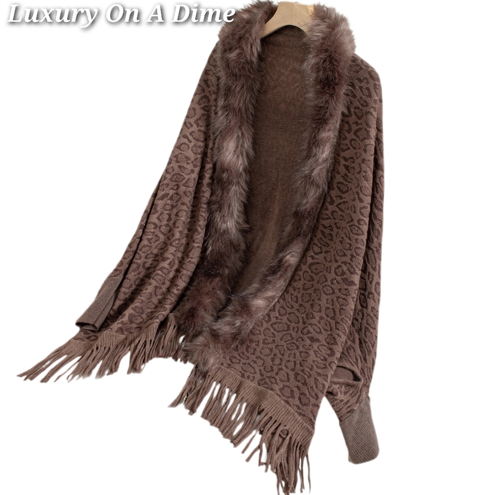 Plush Faux Fur Leopard Retro Fringe Boho Oversized Poncho Knit Cardigan Jacket